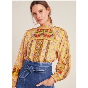 ANTHROPOLOGIE MAEVE NEW Goldie Embroidered Blouson Sleeve Stitched Blouse Top 6